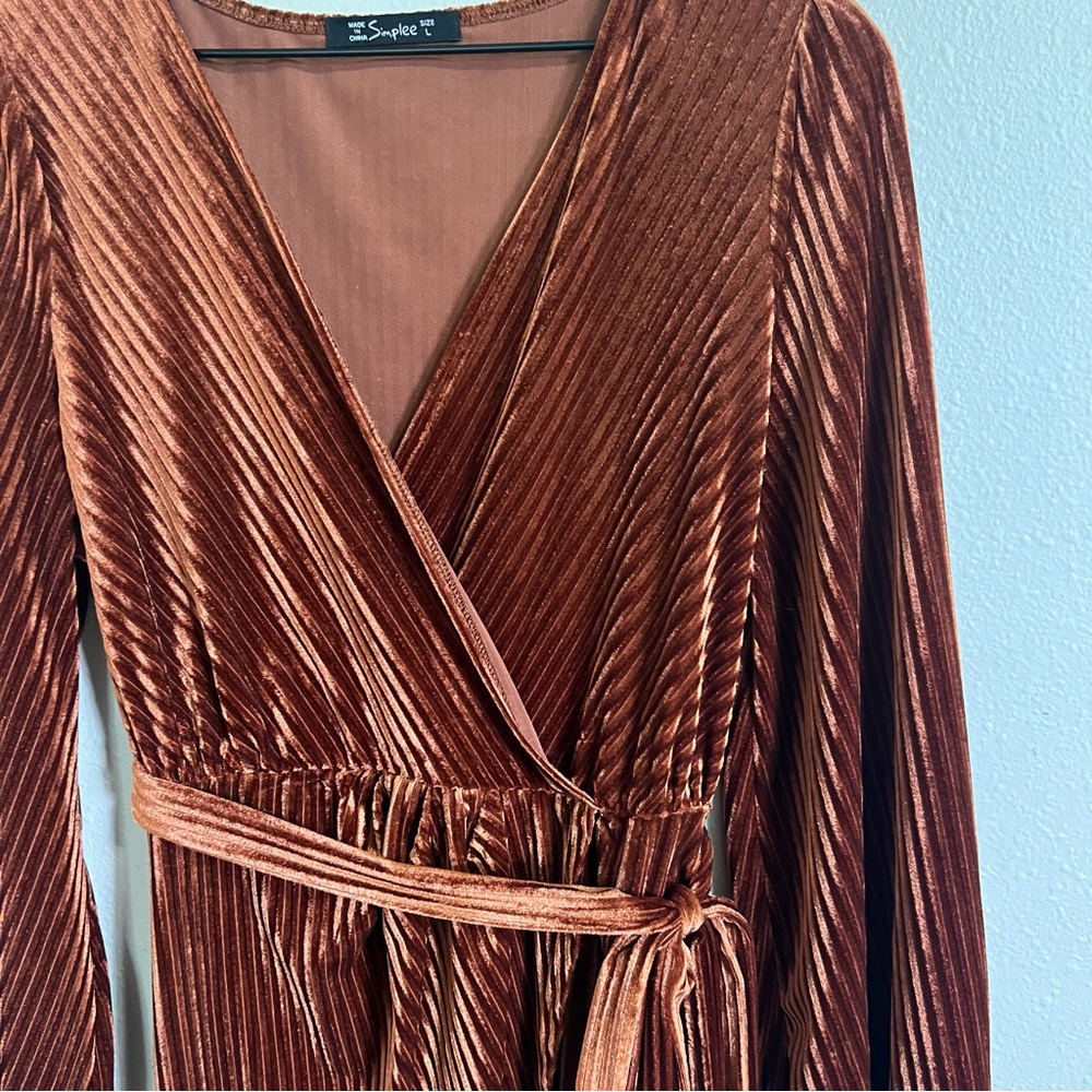 Simpler Rust Velvet Wrap Tie Dress- Size Large - Picture 3 of 7